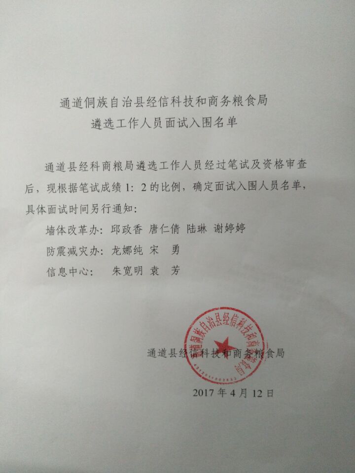 通道侗族自治县经信科技和商务粮食局遴选工作人员面试入围名单